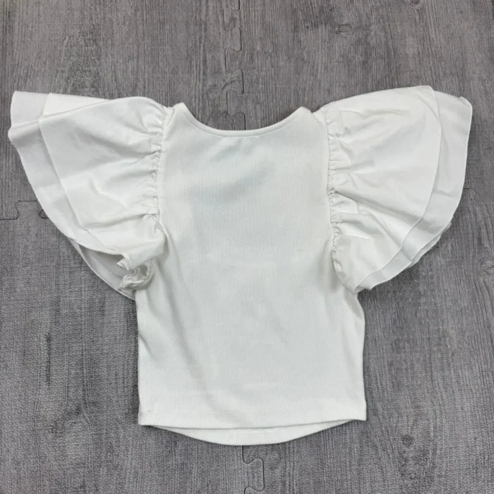 Zara Cloud Dancer Flutter Sleeve Scoop Neck Ribbed Crop Top Sz S Resort Coastal